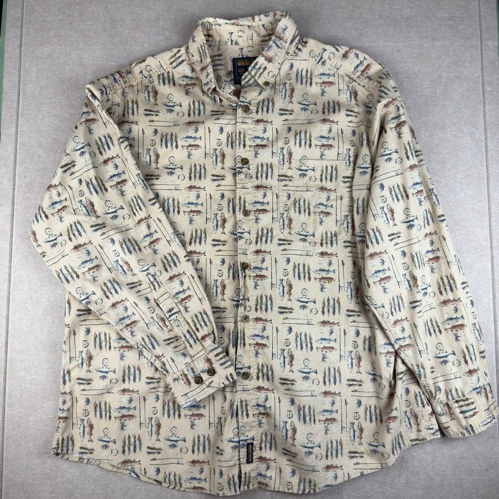 Vintage Woolrich Fishing Shirt XL Beige Fly‎ Lures Print Outdoors Cotton